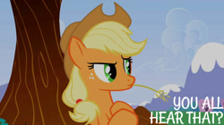 Size: 828x465 | Tagged: safe, edit, edited screencap, editor:quoterific, screencap, applejack, g4, lesson zero, solo, straw in mouth, tree