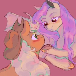 Size: 1700x1700 | Tagged: safe, artist:abbytabbys, applejack, fluttershy, bat pony, earth pony, pony, g4, bat ponified, blushing, duo, fangs, female, flutterbat, hat, lesbian, looking at each other, looking at someone, mare, race swap, ship:appleshy, shipping, simple background, unshorn fetlocks