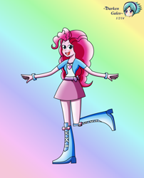 Size: 2448x3030 | Tagged: safe, artist:darkengales, pinkie pie, human, equestria girls, g4, 2014, boots, bracelet, breasts, clothes, female, gradient background, hair, high res, jewelry, old art, open mouth, open smile, rainbow background, shirt, shoes, skirt, smiling, solo, spread arms, standing, standing on one leg, teenager, vest