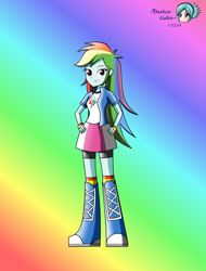 Size: 2548x3357 | Tagged: safe, artist:darkengales, rainbow dash, human, equestria girls, g4, boots, breasts, clothes, collar, female, gradient background, hair, hand on hip, high res, looking at you, rainbow background, shirt, shoes, skirt, smiling, smiling at you, socks, solo, t-shirt, teenager, wristband