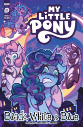 Size: 2063x3131 | Tagged: safe, artist:syd hall, idw, official comic, izzy moonbow, misty brightdawn, skye, violette rainbow, pony, unicorn, zebra, g5, my little pony: black white & blue, official, braces, comic cover, cover, cover art, female, filly, foal, high res, mare, my little pony logo, variant cover