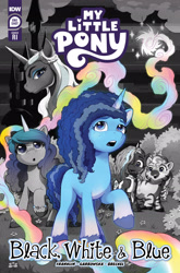 Size: 2063x3131 | Tagged: safe, artist:casey coller, idw, official comic, izzy moonbow, misty brightdawn, opaline arcana, skye, violette rainbow, alicorn, pony, unicorn, g5, my little pony: black white & blue, official, braces, comic cover, cover, cover art, female, high res, mare, my little pony logo, variant cover
