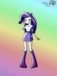 Size: 2496x3337 | Tagged: safe, artist:darkengales, rarity, equestria girls, g4, belt, blouse, blushing, boots, bracelet, breasts, clothes, female, gradient background, hair, hairpin, high res, jewelry, lidded eyes, makeup, rainbow background, shoes, skirt, smiling, solo, teenager