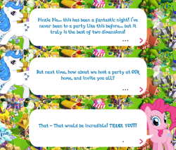 Size: 2048x1742 | Tagged: safe, gameloft, idw, majesty, pinkie pie, earth pony, pony, unicorn, g1, g4, my little pony: magic princess, bow, dialogue, dialogue box, english, female, horn, idw showified, mare, mobile game, speech bubble, tail, tail bow, text