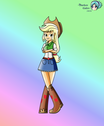 Size: 2417x2939 | Tagged: safe, artist:darkengales, applejack, equestria girls, g4, 2014, belt, boots, breasts, button-up shirt, clothes, cowboy hat, cowgirl, crossed arms, crossed legs, denim skirt, female, freckles, gradient background, hair, hat, high res, old art, ponytail, rainbow background, shirt, skirt, smiling, solo, stetson, teenager