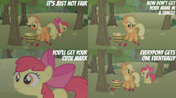 Size: 828x465 | Tagged: safe, edit, edited screencap, editor:quoterific, screencap, apple bloom, applejack, earth pony, pony, call of the cutie, g4, season 1, apple bloom's bow, applejack's hat, bow, cowboy hat, female, filly, foal, hair bow, hat, mare