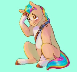 Size: 1700x1600 | Tagged: safe, artist:abbytabbys, hitch trailblazer, earth pony, pony, family trees, g5, my little pony: make your mark, my little pony: make your mark chapter 5, spoiler:g5, alternate hair color, blushing, cute, embarrassed, flower, flower in hair, hitchbetes, male, multicolored hair, rainbow hair, simple background, sitting, smiling, solo, stallion, unshorn fetlocks