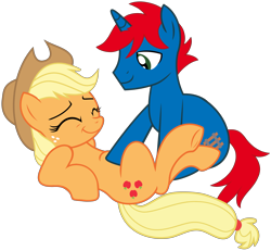 Size: 4641x4286 | Tagged: safe, artist:ry-bluepony1, applejack, oc, oc:train track, earth pony, pony, unicorn, g4, base used, bellyrubs, cute, duo, duo male and female, female, hair, horn, jackabetes, male, mane, mare, show accurate, simple background, stallion, tail, transparent background, unicorn oc