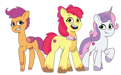 Size: 1950x1200 | Tagged: safe, artist:prixy05, apple bloom, scootaloo, sweetie belle, earth pony, pegasus, pony, unicorn, g4, g5, my little pony: tell your tale, the last problem, clothes, cutie mark crusaders, female, g4 to g5, generation leap, goldie delicious' shawl, looking at you, mare, older, older apple bloom, older scootaloo, older sweetie belle, open mouth, open smile, raised hoof, shawl, simple background, smiling, smiling at you, transparent background, trio, vector