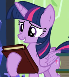 Size: 854x961 | Tagged: safe, screencap, twilight sparkle, alicorn, pony, g4, season 5, the hooffields and mccolts, book, cropped, female, folded wings, hoof hold, mare, raised hoof, smiling, solo, twilight sparkle (alicorn), twilight's castle, wings