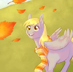 Size: 1730x1716 | Tagged: safe, artist:abbytabbys, derpy hooves, pegasus, pony, g4, autumn, clothes, cute, derpabetes, female, leaves, mare, open mouth, open smile, scarf, smiling, solo, striped scarf