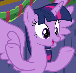 Size: 750x720 | Tagged: safe, screencap, twilight sparkle, alicorn, pony, g4, my little pony best gift ever, cropped, cute, female, flying, hooves up, mare, open mouth, open smile, smiling, solo, spread wings, twiabetes, twilight sparkle (alicorn), wings