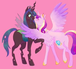 Size: 1905x1716 | Tagged: safe, artist:abbytabbys, princess cadance, queen chrysalis, alicorn, changeling, changeling queen, pony, g4, blushing, duo, female, heart, infidelity, jewelry, lesbian, mare, nuzzling, peytral, pink background, raised leg, regalia, ship:cadalis, shipping, simple background, spread wings, wing fluff, wings