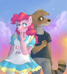 Size: 1304x1438 | Tagged: safe, artist:abbytabbys, pinkie pie, raccoon, anthro, g4, apron, blushing, clothes, crossover, crossover shipping, female, kiss me, male, regular show, rigby (regular show), rigbypie, shipping, shirt, straight, t-shirt