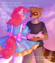 Size: 1388x1584 | Tagged: safe, artist:abbytabbys, pinkie pie, raccoon, anthro, g4, apron, blushing, bow, clothes, crossover, crossover shipping, female, heart, looking at each other, looking at someone, male, regular show, rigby (regular show), rigbypie, shipping, shirt, song reference, straight, t-shirt