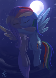 Size: 800x1100 | Tagged: safe, artist:grissaecrim, fluttershy, rainbow dash, pegasus, pony, g4, duo, duo female, eyes closed, female, floppy ears, flying, full moon, kiss on the lips, kissing, lesbian, mare, moon, night, night sky, ship:flutterdash, shipping, signature, sky, spread wings, stars, wings