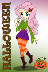 Size: 1920x2903 | Tagged: safe, artist:wild-cobragirl, fluttershy, human, equestria girls, g4, alternate clothes, gradient background, halloween, holiday, jack-o-lantern, pumpkin, solo focus, text