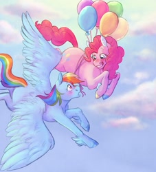 Size: 1560x1716 | Tagged: safe, artist:abbytabbys, pinkie pie, rainbow dash, earth pony, pegasus, pony, g4, balloon, blushing, colored hooves, ear fluff, female, floating, flying, leg fluff, lesbian, looking at each other, looking at someone, mare, ship:pinkiedash, shipping, sky, then watch her balloons lift her up to the sky, wing fluff, wings