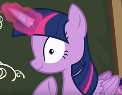 Size: 497x387 | Tagged: safe, screencap, twilight sparkle, alicorn, pony, g4, ppov, season 6, chalkboard, cropped, faic, female, mare, purple smart, raised hoof, shrunken pupils, solo, twilight sparkle (alicorn), twilight sparkle is best facemaker, twilight's blackboard