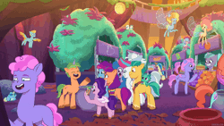 Size: 1920x1080 | Tagged: safe, screencap, alphabittle blossomforth, cherry prancer, feather clips, grassy hills, hitch trailblazer, izzy moonbow, jazz hooves, misty brightdawn, nightracer, ollie north, pipp petals, shiny sparks, sparky sparkeroni, sugarpuff lilac, sunny starscout, zipp storm, breezie, earth pony, pegasus, pony, unicorn, g5, my little pony: tell your tale, nightmare nightmarket, spoiler:g5, spoiler:my little pony: tell your tale, spoiler:tyts01e63, animated, female, flying, male, mane five, mane six (g5), mare, rebirth misty, stallion