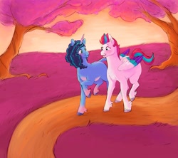 Size: 1934x1716 | Tagged: safe, artist:abbytabbys, misty brightdawn, zipp storm, pegasus, pony, unicorn, g5, blushing, colored wings, female, lesbian, looking at each other, looking at someone, mare, ship:dawnstorm, shipping, tree, unshorn fetlocks, wings