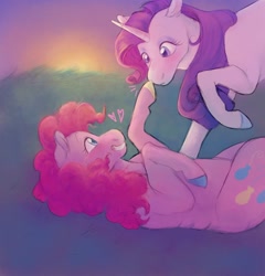 Size: 1706x1774 | Tagged: safe, artist:abbytabbys, pinkie pie, rarity, earth pony, pony, unicorn, g4, blushing, boop, colored hooves, duo, female, grass, grass field, heart, lesbian, looking at each other, looking at someone, lying down, mare, ship:raripie, shipping, sunset