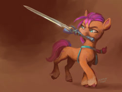 Size: 1120x840 | Tagged: safe, artist:grissaecrim, sunny starscout, earth pony, pony, g5, coat markings, colored, concave belly, eyebrows, female, hooves, mare, master sword, mouth hold, satchel, shading, signature, slender, socks (coat markings), solo, sword, the legend of zelda, thin, turned head, unshorn fetlocks, weapon