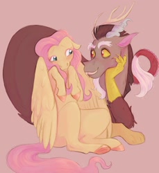 Size: 1624x1774 | Tagged: safe, artist:abbytabbys, discord, fluttershy, draconequus, pegasus, pony, g4, blushing, cute, female, looking at each other, looking at someone, male, mare, ship:discoshy, shipping, shyabetes, simple background, straight, wing fluff, wings