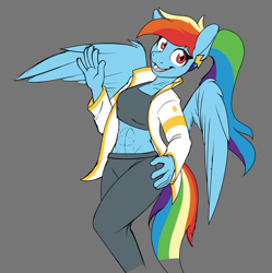 Size: 1592x1600 | Tagged: safe, artist:nudeknightart, rainbow dash, pegasus, pony, anthro, g4, abs, clothes, colored sketch, ear piercing, earring, female, gray background, jacket, jewelry, looking at you, midriff, muscles, piercing, rainbuff dash, simple background, sketch, solo