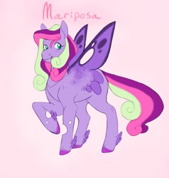 Size: 1507x1584 | Tagged: safe, artist:abbytabbys, oc, oc only, oc:mariposa, changepony, hybrid, fangs, female, hybrid wings, interspecies offspring, leg fluff, magical lesbian spawn, mare, offspring, parent:princess cadance, parent:queen chrysalis, parents:cadalis, raised leg, simple background, solo, wing fluff, wings