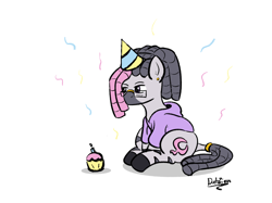 Size: 3644x2731 | Tagged: safe, artist:datzigga, oc, oc only, oc:dizzy, zebra, clothes, confetti, cupcake, food, hat, high res, hoodie, party hat, simple background, solo, white background