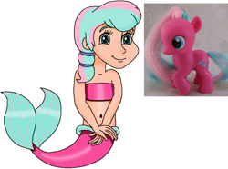 Size: 836x623 | Tagged: safe, artist:ocean lover, molasses, twirly treats, earth pony, human, mermaid, pony, g1, g4, bandeau, bare shoulders, belly, belly button, blue eyes, cheerful, child, cute, female, filly, fins, fish tail, foal, hairpin, happy, human coloration, humanized, innocent, irl, light skin, looking at you, mermaid tail, mermaidized, midriff, ms paint, photo, pink tail, reference, simple background, sleeveless, species swap, tail, tail fin, toy, two toned hair, white background