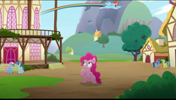 Size: 720x412 | Tagged: safe, screencap, lemon hearts, lotus blossom, minuette, party favor, pinkie pie, rainbow dash, earth pony, pegasus, pony, unicorn, g4, my little pony: rainbow roadtrip, derp, dizzy, flying, ponyville, ponyville town hall