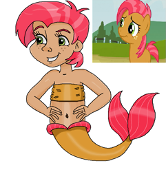 Size: 697x722 | Tagged: safe, artist:ocean lover, babs seed, earth pony, human, mermaid, pony, g4, apple family member, bandeau, bare midriff, bare shoulders, belly, belly button, brown tail, child, fins, fish tail, freckles, green eyes, grin, hands on waist, human coloration, humanized, looking at something, mermaid tail, mermaidized, midriff, moderate dark skin, ms paint, red hair, reference, short hair, simple background, sleeveless, smiling, species swap, tail, tail fin, tomboy, two toned hair, white background