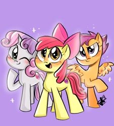 Size: 1238x1368 | Tagged: safe, artist:mariart.corner, apple bloom, scootaloo, sweetie belle, earth pony, pegasus, pony, unicorn, g4, apple bloom's bow, blushing, bow, cutie mark crusaders, digital art, female, filly, foal, hair bow, horn, looking at you, one eye closed, open mouth, open smile, purple background, signature, simple background, smiling, smiling at you, the cmc's cutie marks, trio, trio female, wings, wink, winking at you