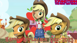 Size: 3840x2160 | Tagged: safe, artist:optimussparkle, applejack, earth pony, pony, equestria girls, g4, 3d, applejack's skirt, geode of super strength, high res, magical geodes, older, older applejack, one eye closed, source filmmaker, sweet apple acres, wink