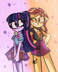 Size: 1440x1800 | Tagged: safe, artist:mariart.corner, sci-twi, sunset shimmer, twilight sparkle, human, equestria girls, g4, book, digital art, duo, embrace, female, lesbian, looking at each other, looking at someone, one eye closed, ship:sci-twishimmer, ship:sunsetsparkle, shipping, signature, simple background, wink