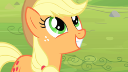 Size: 1280x720 | Tagged: safe, screencap, applejack, earth pony, pony, bats!, g4, season 4, applejack's hat, cowboy hat, cute, excited, female, grin, happy, hat, jackabetes, looking up, mare, smiling, solo
