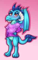 Size: 2300x3660 | Tagged: safe, artist:yumomochan, princess ember, dragon, g4, blushing, clothes, cute, dragoness, female, gradient background, high res, shirt, solo, standing, tsundere
