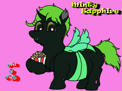 Size: 2223x1666 | Tagged: safe, artist:puffydearlysmith, oc, oc only, oc:minty sapphire, changeling, belly, big belly, changeling oc, chunkling, crumbs, double chin, fat, female, food, green changeling, pink background, popcorn, reference sheet, simple background, snaggletooth, solo