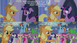 Size: 1280x720 | Tagged: safe, edit, edited screencap, editor:quoterific, screencap, applejack, fluttershy, pinkie pie, rainbow dash, rarity, spike, twilight sparkle, alicorn, dragon, earth pony, pegasus, pony, unicorn, g4, the ending of the end, crystal empire, mane seven, mane six, twilight sparkle (alicorn), winged spike, wings