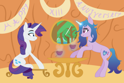 Size: 6000x4000 | Tagged: safe, artist:kujivunia, izzy moonbow, rarity, pony, unicorn, mlp fim's thirteenth anniversary, g4, g5, bench, chair, colored, female, flat colors, food, forest, glowing, glowing horn, horn, izzy and her 2nd heroine, lake, leaning on table, magic, magic aura, mare, no shading, sitting, sky, table, tea, tea party, teapot, telekinesis, text, tree, treehouse, water, window, wip