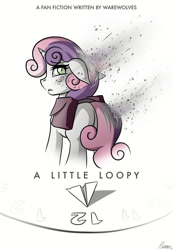 Size: 743x1075 | Tagged: safe, artist:whitepone, sweetie belle, pony, unicorn, fanfic:a little loopy, g4, ash, butt, clock, fanfic, fanfic art, fanfic cover, loop, plot, sad, simple background, solo, staring at you, white background