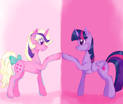 Size: 2048x1730 | Tagged: safe, artist:mileslancer, twilight, twilight sparkle, alicorn, pony, unicorn, mlp fim's thirteenth anniversary, g1, g4, duo, female, mare, twilight sparkle (alicorn)