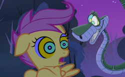 Size: 1280x789 | Tagged: safe, artist:marybethemberjoy49-1, edit, edited screencap, screencap, scootaloo, pegasus, pony, snake, g4, sleepless in ponyville, female, filly, floppy ears, foal, hypno eyes, hypnosis, hypnotized, kaa, kaa eyes, male