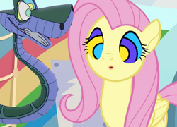 Size: 1280x923 | Tagged: safe, artist:marybethemberjoy49-1, edit, edited screencap, screencap, fluttershy, pegasus, pony, snake, g4, :o, female, hypno eyes, hypnoshy, hypnosis, hypnotized, kaa, kaa eyes, low effort, male, mare, open mouth