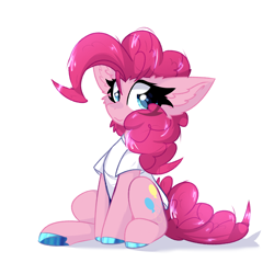 Size: 2000x2000 | Tagged: safe, artist:jubyskylines, pinkie pie, earth pony, pony, g4, big ears, cheek fluff, clothes, colored hooves, ear fluff, eye clipping through hair, female, high res, looking at you, mare, shirt, simple background, sitting, solo, t-shirt, white background, white clothes, white t-shirt