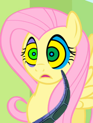 Size: 1280x1683 | Tagged: safe, artist:marybethemberjoy49-1, edit, edited screencap, screencap, fluttershy, pegasus, pony, snake, g4, female, hypno eyes, hypnoshy, hypnosis, hypnotized, kaa, kaa eyes, low effort, mare, offscreen character, open mouth