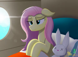 Size: 1039x769 | Tagged: safe, artist:lordshrekzilla20, fluttershy, pegasus, pony, fanfic:a king to a god, g4, bags under eyes, cute, doll, morning ponies, plushie, shyabetes, toy, waking up