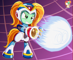 Size: 2000x1667 | Tagged: safe, artist:trackheadtherobopony, oc, oc:goldheart, pony, robot, robot pony, armor, bipedal, chibi, crossover, energy blast, hadouken, mega man x, pony oc, solo